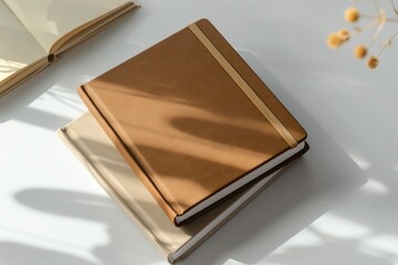Poster - a closed brown book resting on a clean white table, perfect for photography or design