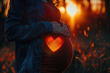 Wall Mural - A pregnant woman stands in a field during sunset, perfect for representing a peaceful moment or a scene with nature