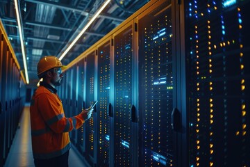 Poster - A person in a hard hat working in a data center or server room, surrounded by computer equipment and networking devices