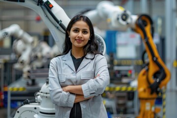 Poster - A woman stands in front of a robot in a industrial setting, great for depicting modern manufacturing or technology themes