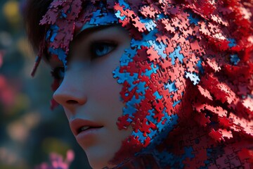 Canvas Print - Cognitive machinery Neuronal dynamism Portrait of a woman with her face covered in colorful puzzle pieces symbolizing identity fragmentation and the complexity of human thought