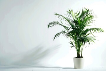 Wall Mural - A palm tree grows in a white pot against a white wall, a simple yet elegant scene