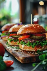 Wall Mural - A pair of hamburgers sit atop a wooden cutting board, ready for serving or presentation