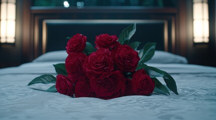 Poster - Bouquet of red roses on a bed