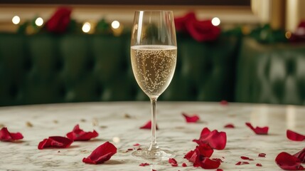 Wall Mural - Sparkling wine glass with rose petals