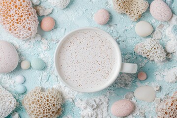 Frothy coffee drink with pastel colored easter eggs and spongy coral