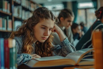 Poster - a young woman is sitting at a table in a quiet library, engrossed in her book