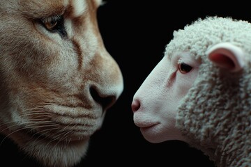 Canvas Print - close up of a cat and lamb facing each other