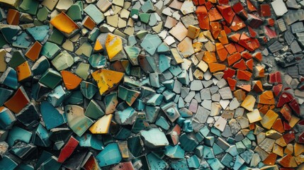 A detailed view of a vibrant mosaic wall with various shapes and colors