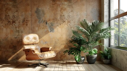 Wall Mural - Contemporary loft living room with plywood wall, wood flooring, vintage leather chair, and potted ferns by window. Urban jungle-themed mock-up.