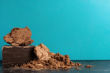 Wall Mural - Cracked earth and wooden block on turquoise background