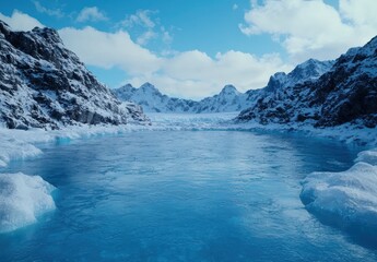 Poster - Serene frozen landscape with snow-capped mountains and a tranquil blue lake