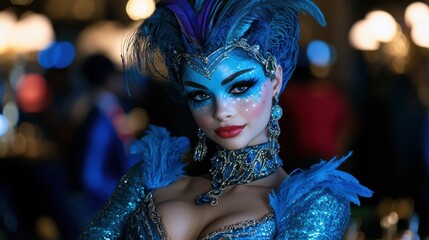 Poster - Glamorous blue-themed costume with feathers and rhinestones