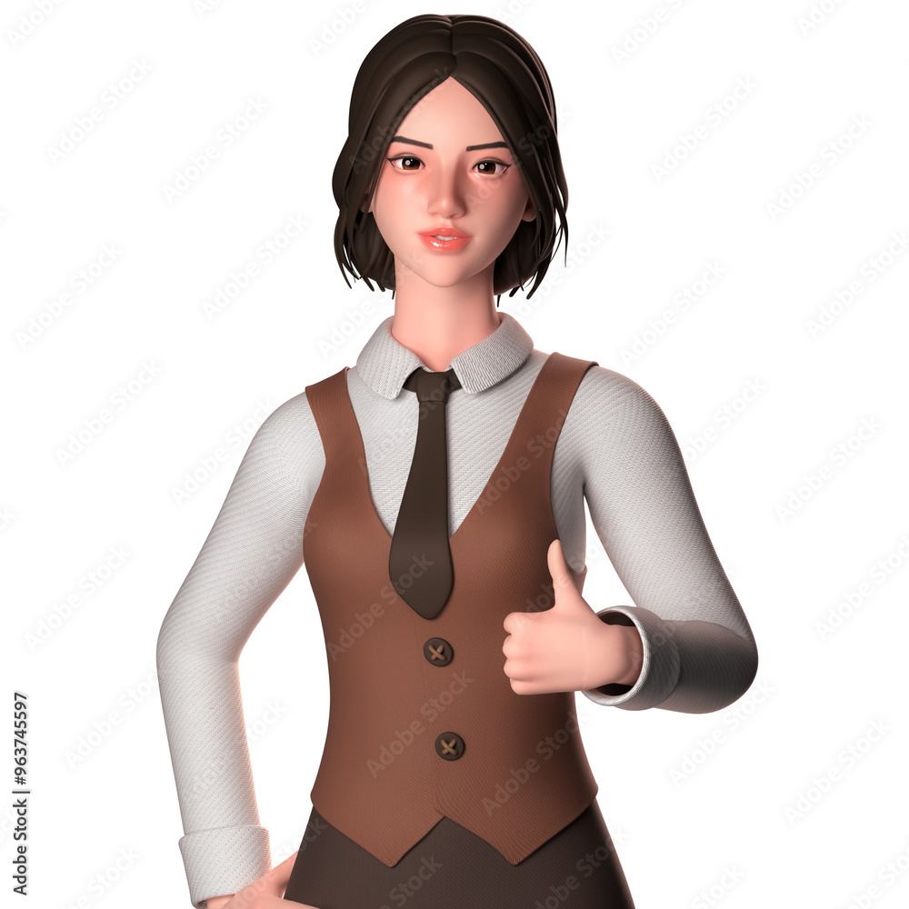 portrait, half body of cute girl in formal wear, Showing thumbs up ...