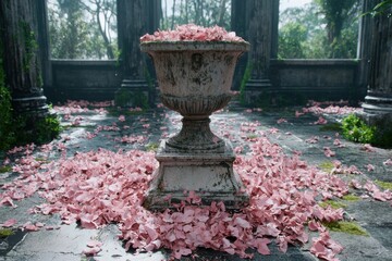 Poster - Ornate stone urn overflowing with pink flower petals in lush forest setting