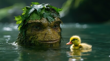 Canvas Print - Whimsical creature in pond with duckling