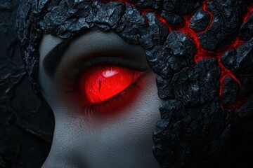 Sticker - Mysterious glowing red eye in dark rocky landscape