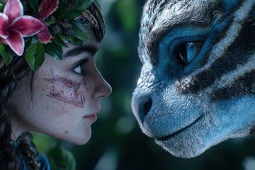 Poster - fantasy creature and human face close-up