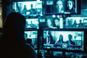 Poster - Person working at desk with two computer monitors and keyboard