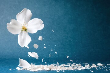 Wall Mural - Delicate white flower petals scattered on blue water surface