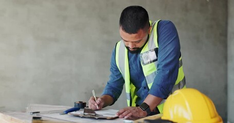 Aufkleber - Man, paperwork and contractor for checklist on construction site, maintenance and project supervisor. Person, developer and architect manager for building renovation, document for floor plan schedule
