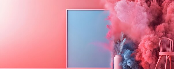 Wall Mural - Pink and Blue Powder Clouds in a Room with a Chair and a Vase