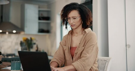 Wall Mural - Remote work, woman and confused at laptop with typing, feedback and anxiety for negative review. Response, computer and person at home for email, contact and stress at table for problem solving