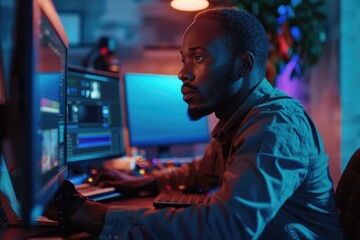 Poster - A person sitting at a desk with a computer monitor and possibly working or learning