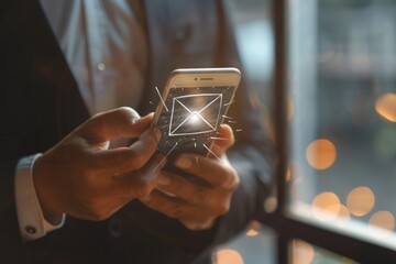 Poster - a businessman holds a smartphone on the go