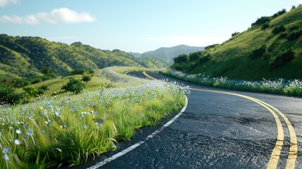 Wall Mural - Winding road lined with colorful flowers, suitable for travel or adventure images