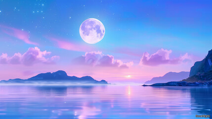 Poster - Moonlit seascape landscape with a full moon over calm waters at night