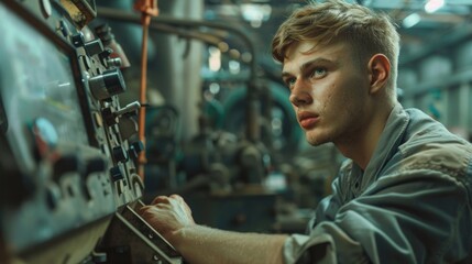Poster - A worker in a manufacturing setting uses equipment to perform tasks, possibly used for industrial or commercial purposes