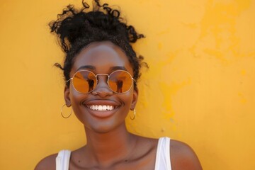 Wall Mural - A woman wearing sunglasses and a white tank top, perfect for casual outdoor use or as a profile picture