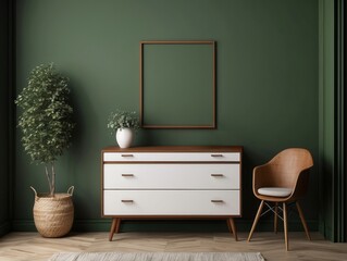 Wall Mural - Minimalist Interior Design with Green Wall, Dresser, and Chair