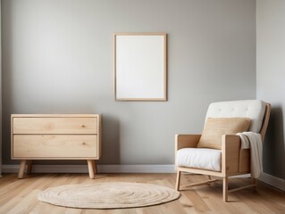 Wall Mural - Minimalist Living Room with Wooden Furniture and a Blank Canvas