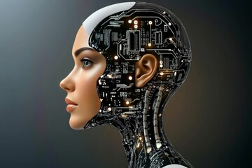 Poster - Brain dynamics Brain chip Cybernetic woman with exposed circuitry and a robotic skull representing the fusion of organic life and artificial intelligence in a high tech world