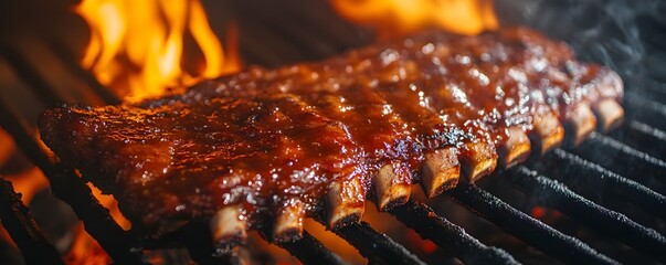 Close-up of Glazed Pork Ribs Grilling Over Flames