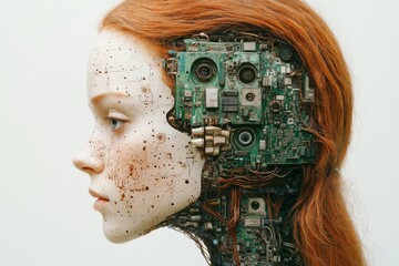 Sticker - Neural complexity Brain chip Side profile of a woman with half of her face replaced by circuit boards representing the blending of human and machine intelligence