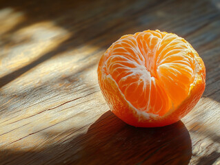 A close-up of a clementine, vibrant orange, smooth yet slightly bumpy skin, peeled halfway to reveal the juicy inner fruit, placed on a wooden table. 