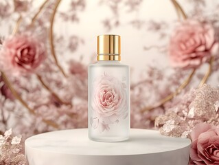 Wall Mural - Frosted Perfume Bottle with Rose Detail on a Marble Pedestal