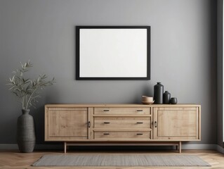 Wall Mural - Wooden Cabinet with Blank Frame in Minimalist Interior