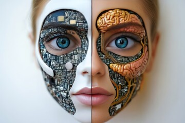 Poster - Brain signaling AI Robot Woman with half cybernetic face split between human and mechanical elements symbolizing the convergence of biological and technological evolution