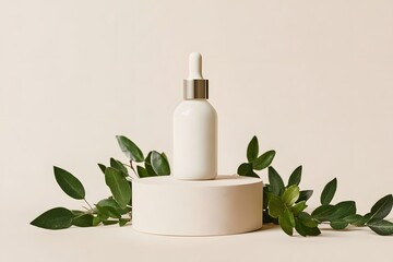 Wall Mural - Minimalist Product Photography: Serum Bottle on a Platform with Greenery