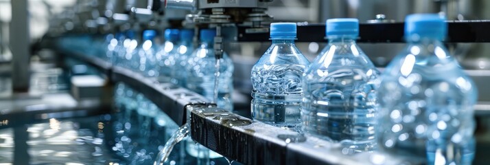 Poster - Automatic water filling machine for PET bottles in a modern beverage production facility