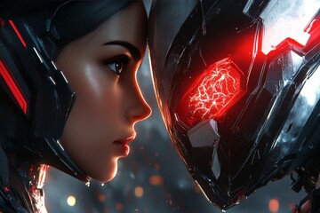 Poster - Synaptic plasticity AI Robot Woman facing a robotic figure with glowing red eyes representing the tension between human intuition and artificial intelligence in a high tech world