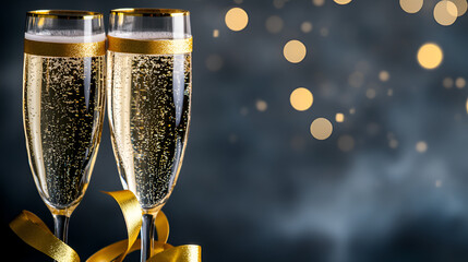 celebrate with champagne: two glasses with gold ribbon and bokeh lights