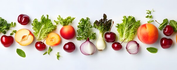  A Row of Fresh Fruits and Vegetables on a White Background