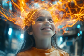 Poster - Cognitive abilities female brain Young girl surrounded by glowing energy lines representing the fusion of technology and imagination in a futuristic setting of wonder and innovation