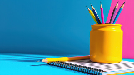 Wall Mural - Colorful pencils in a bright yellow jar on a striped notebook against a vibrant backdrop for creative designs.