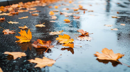 Canvas Print - Autumn Leaves Floating in a Puddle on a Rainy Day